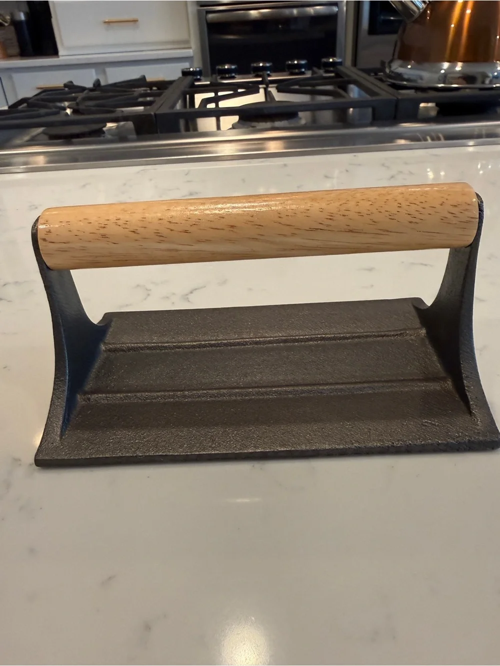Cast Iron Bacon Press with Wood Handle & Pig Design 7” X 4” Vintage